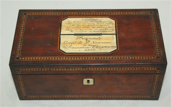 Masonic Interest. A Victorian inlaid mahogany alms box,